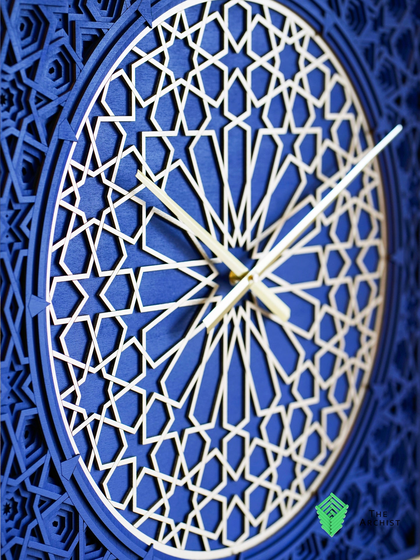 Geometric Pattered Clock in Dark Navy Blue and Gold