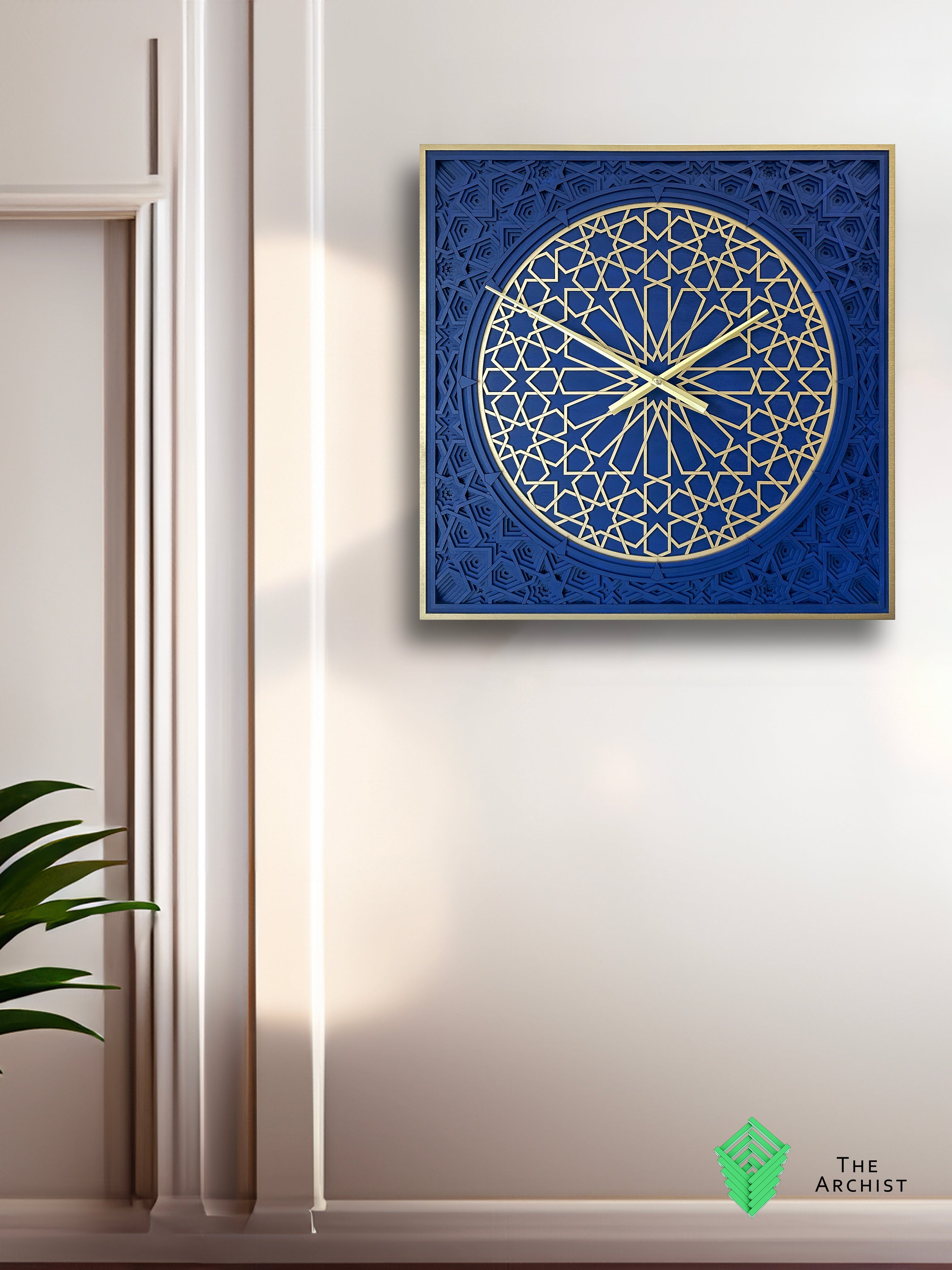Geometric Pattered Clock in Dark Navy Blue and Gold