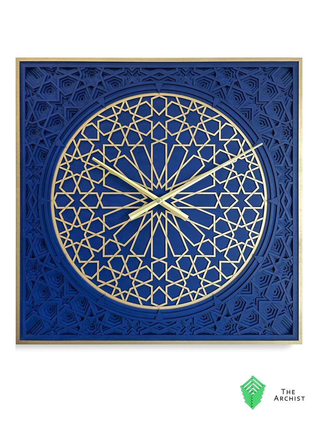 Geometric Pattered Clock in Dark Navy Blue and Gold