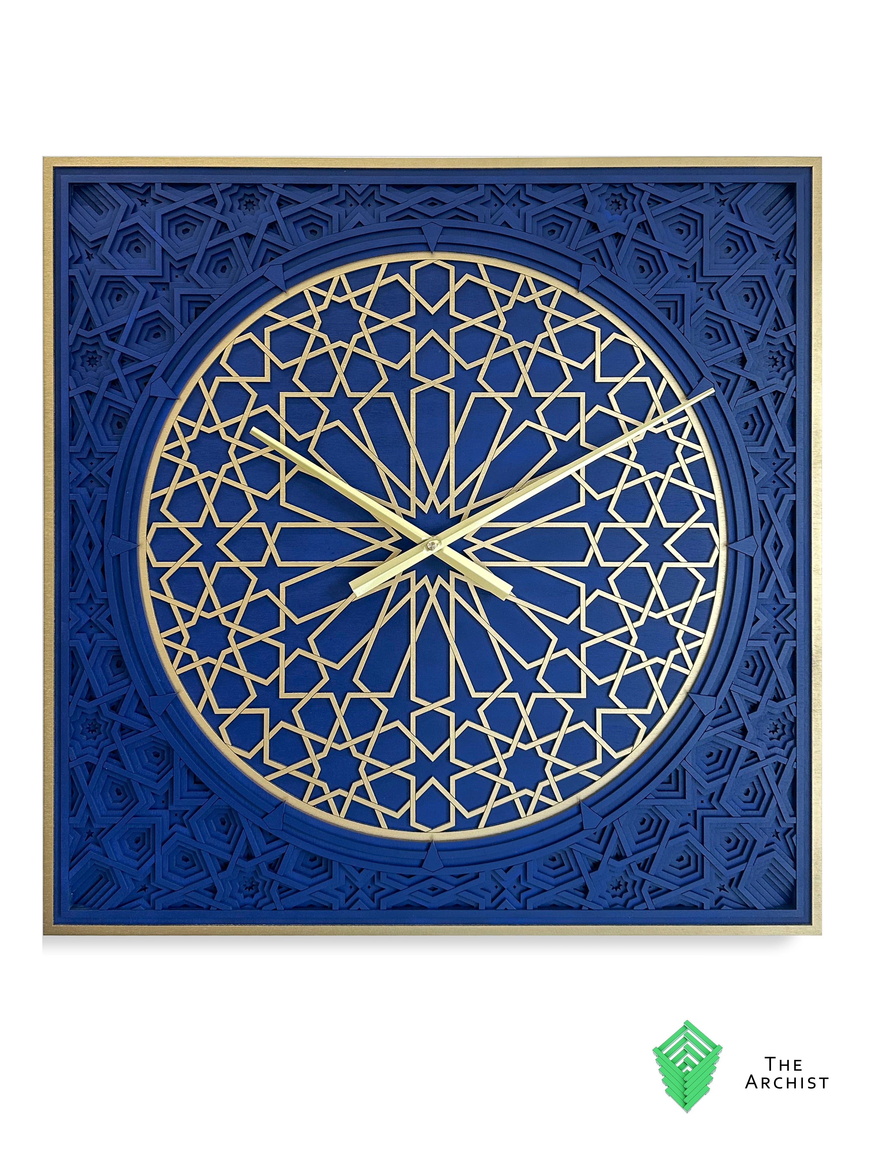 Geometric Pattered Clock in Dark Navy Blue and Gold