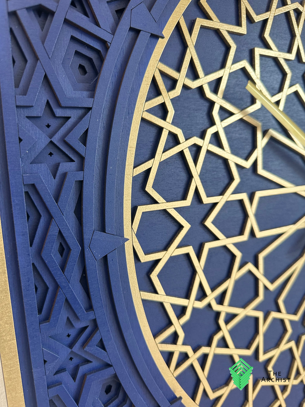 Geometric Pattered Clock in Dark Navy Blue and Gold