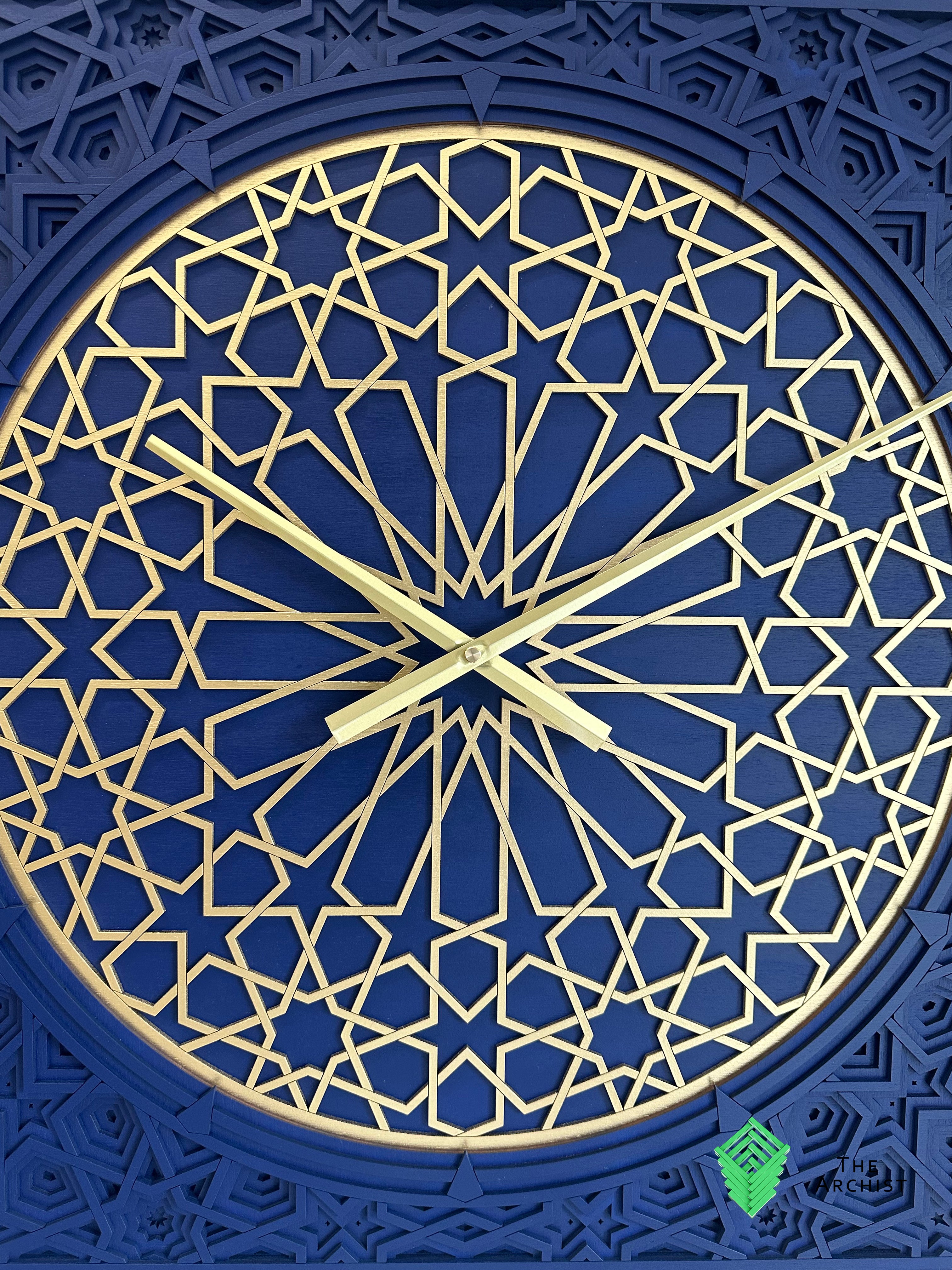 Geometric Pattered Clock in Dark Navy Blue and Gold