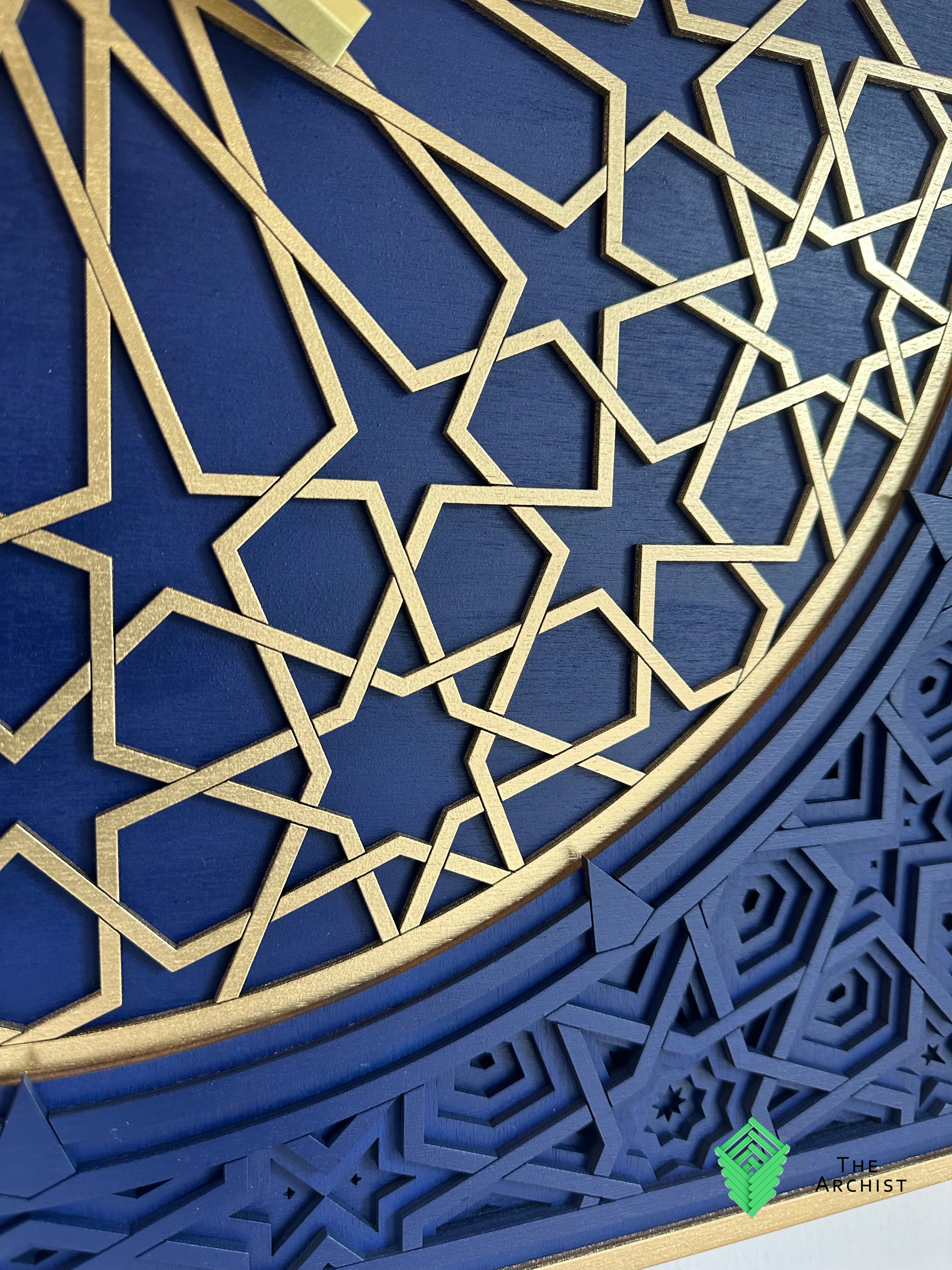 Geometric Pattered Clock in Dark Navy Blue and Gold
