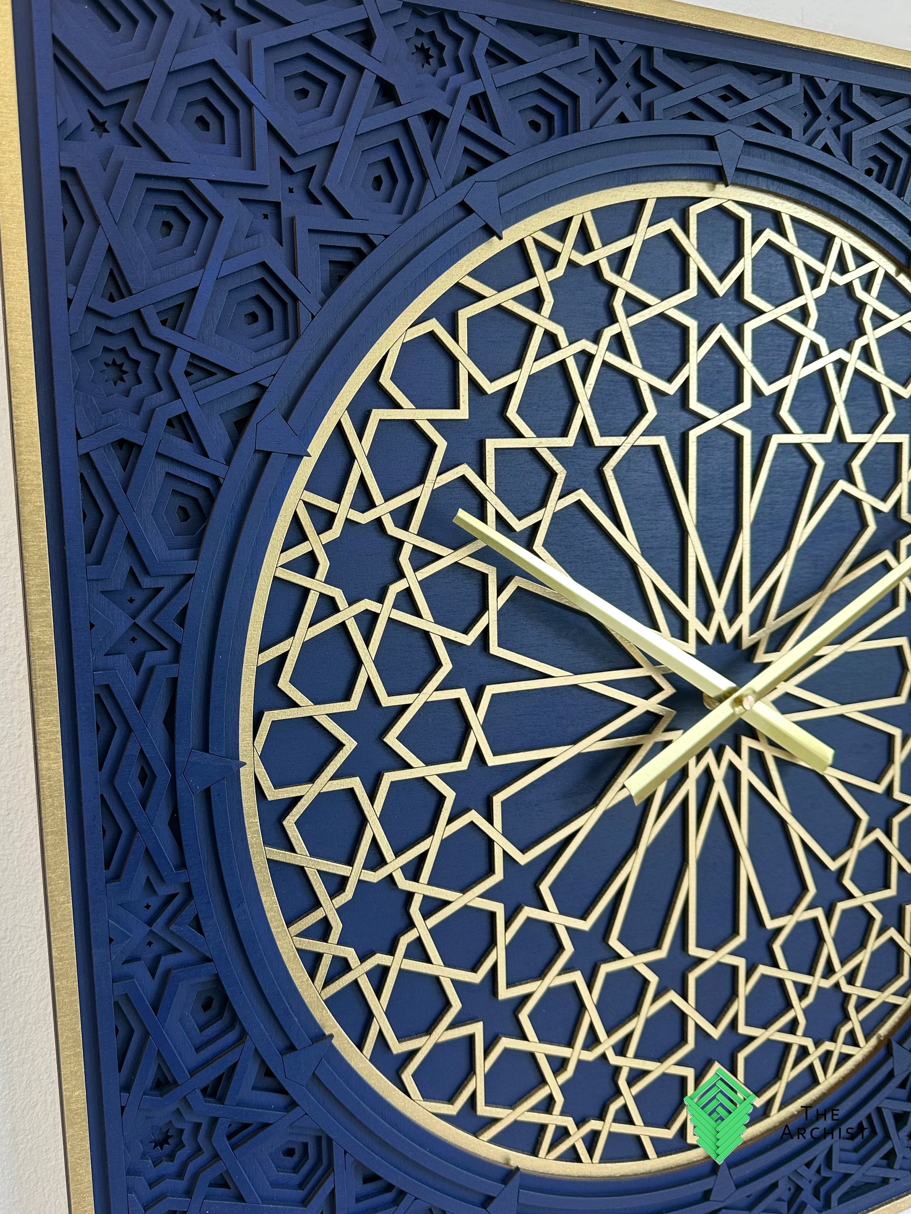 Geometric Pattered Clock in Dark Navy Blue and Gold
